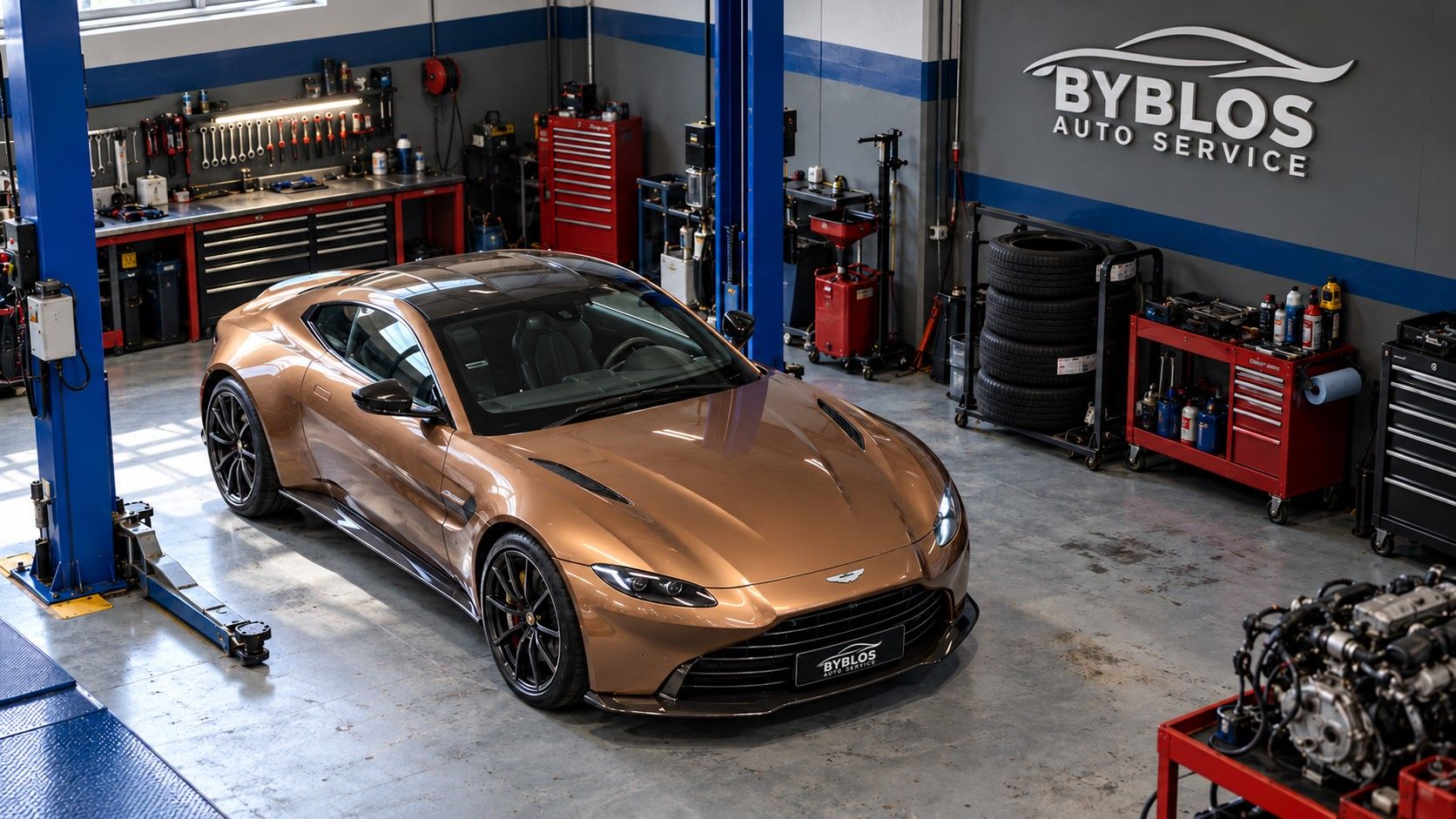 A copper Aston Martin Vantage seen from above in the BYBLOS workshop, tool chests and tyres behind it