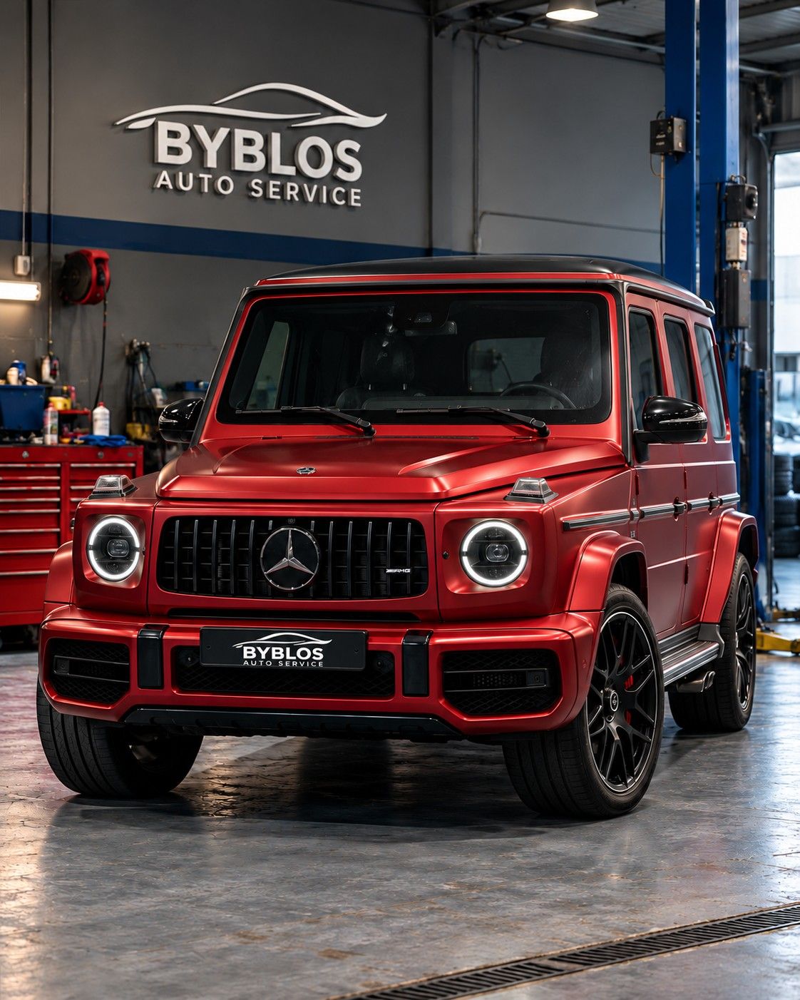 A red Mercedes-AMG G 63 on black wheels in the BYBLOS workshop